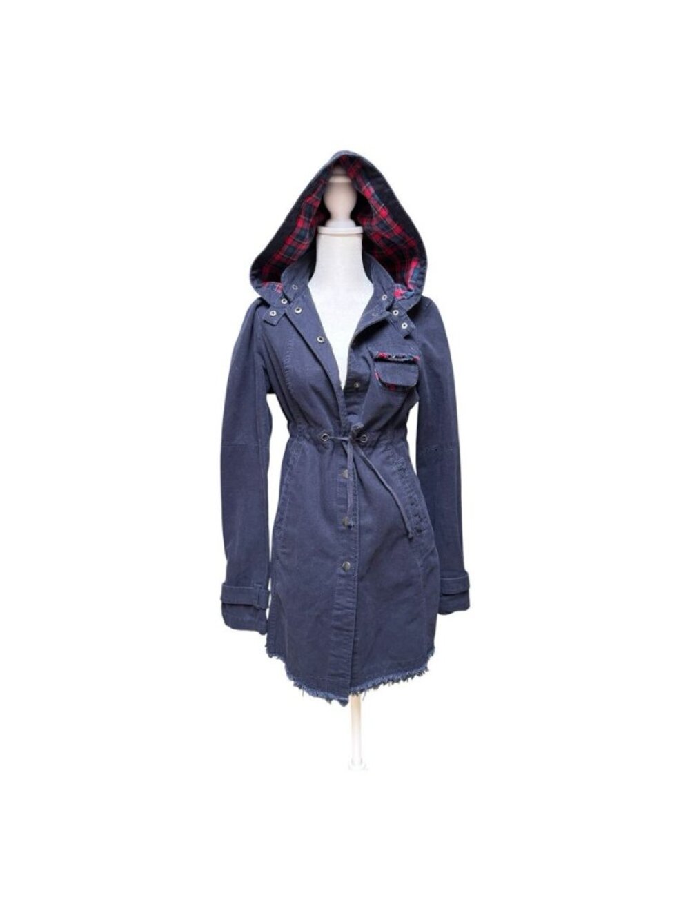 Free People Hooded Utility Jacket 2 Navy Plaid Lined Frayed Hem Anorak